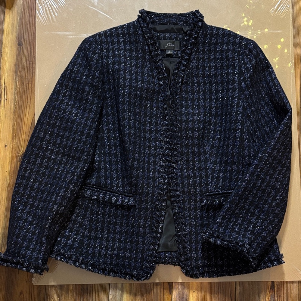 J. Crew Navy & Black Herringbone Tweed Jacket & Skirt SUIT with silver thread 12
